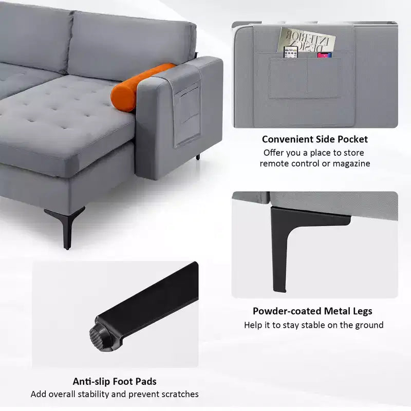 Divano sezionale modulare a L Costway con chaise longue reversibile e 2 porte USB grigio cenere