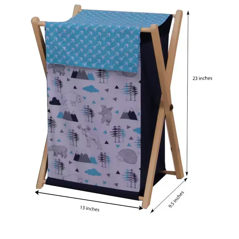 Cesto Portabiancheria da Bambino Bacati - Woodlands Aqua/Navy/Grigio con Telaio in Legno