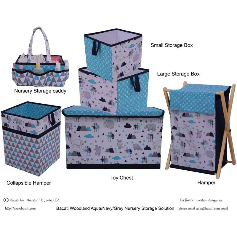 Cesto Portabiancheria da Bambino Bacati - Woodlands Aqua/Navy/Grigio con Telaio in Legno