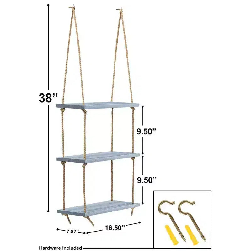 Scaffale pensile rustico a 3 livelli Sorbus - Organizzatore a corda, mensole galleggianti (grigio)