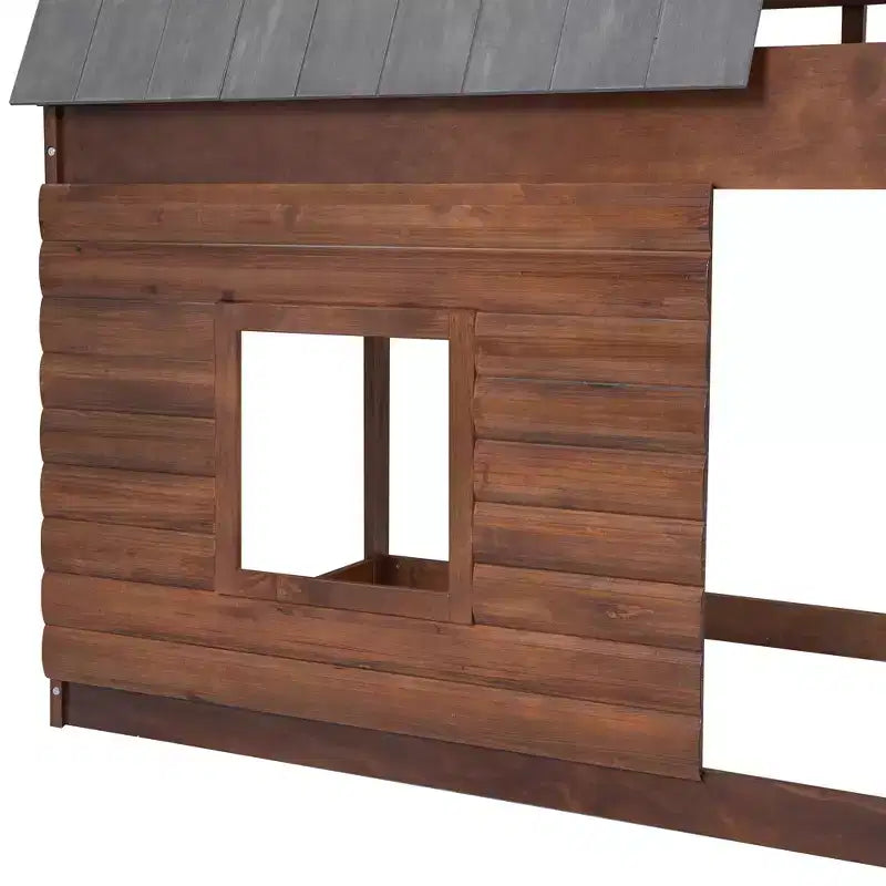 Letto a Castello in Legno "House" da Una Piazza e Mezza con Tetto, Scaletta e 2 Finestre, Quercia e Grigio Fumo - ModernLuxe