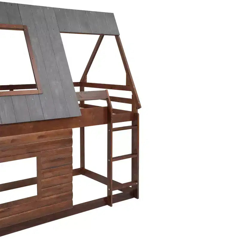 Letto a Castello in Legno "House" da Una Piazza e Mezza con Tetto, Scaletta e 2 Finestre, Quercia e Grigio Fumo - ModernLuxe
