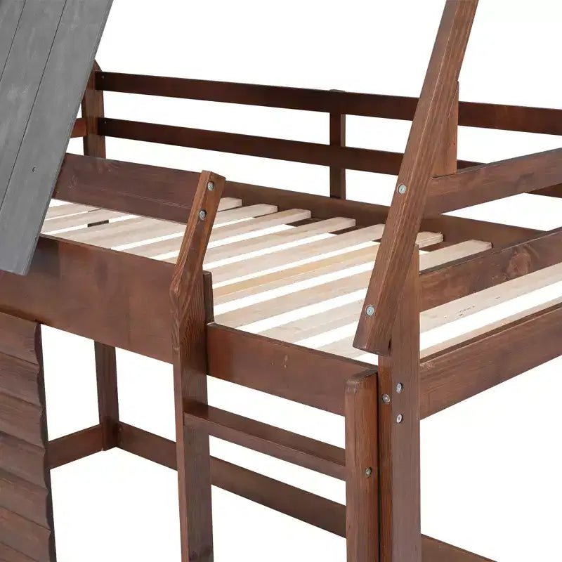 Letto a Castello in Legno "House" da Una Piazza e Mezza con Tetto, Scaletta e 2 Finestre, Quercia e Grigio Fumo - ModernLuxe