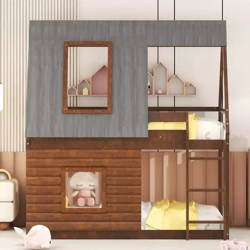 Letto a Castello in Legno "House" da Una Piazza e Mezza con Tetto, Scaletta e 2 Finestre, Quercia e Grigio Fumo - ModernLuxe