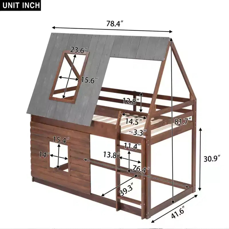 Letto a Castello in Legno "House" da Una Piazza e Mezza con Tetto, Scaletta e 2 Finestre, Quercia e Grigio Fumo - ModernLuxe