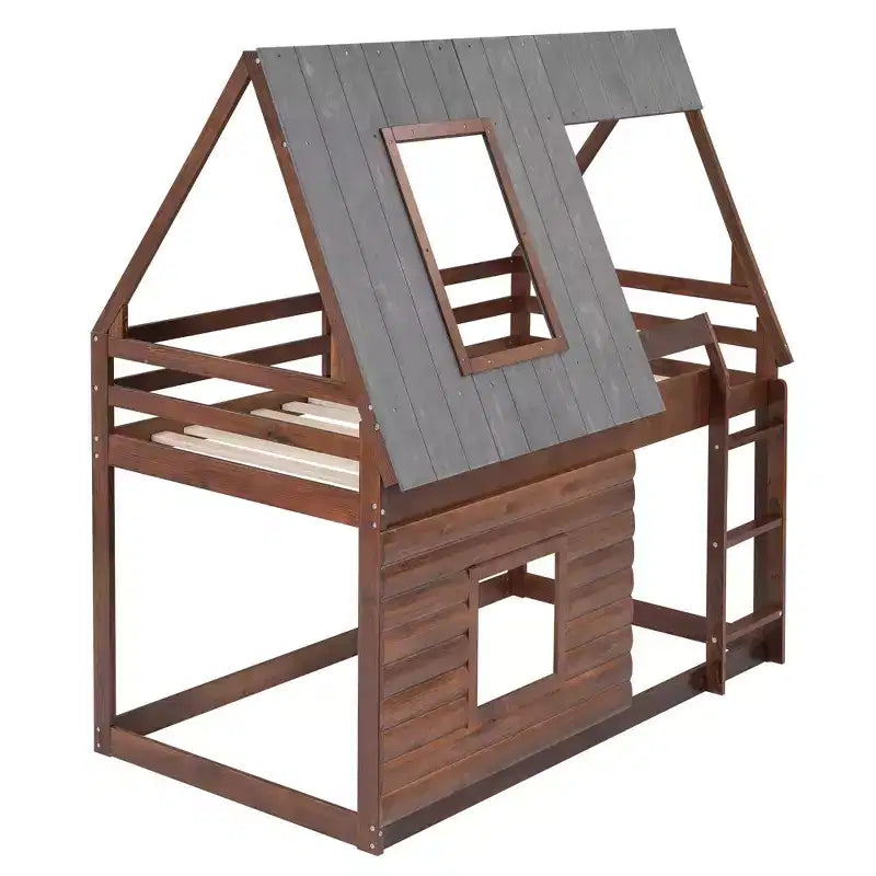 Letto a Castello in Legno "House" da Una Piazza e Mezza con Tetto, Scaletta e 2 Finestre, Quercia e Grigio Fumo - ModernLuxe