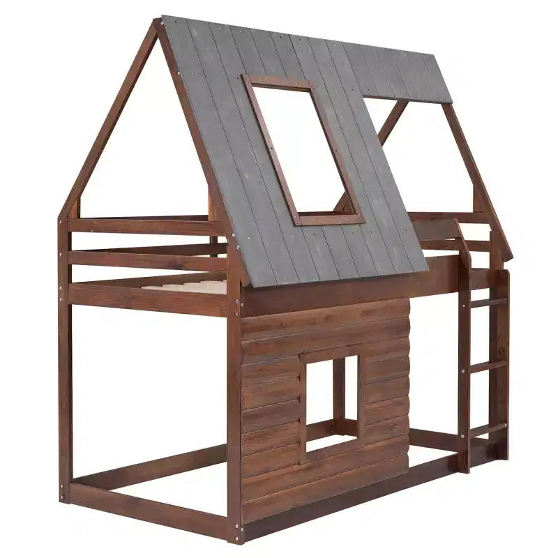Letto a Castello in Legno "House" da Una Piazza e Mezza con Tetto, Scaletta e 2 Finestre, Quercia e Grigio Fumo - ModernLuxe