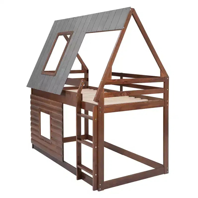 Letto a Castello in Legno "House" da Una Piazza e Mezza con Tetto, Scaletta e 2 Finestre, Quercia e Grigio Fumo - ModernLuxe