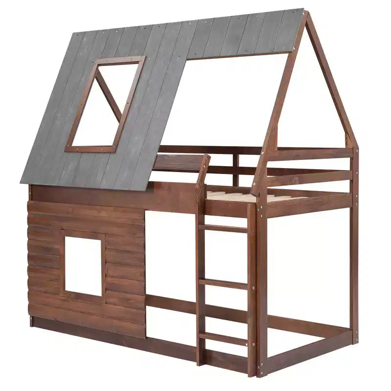 Letto a Castello in Legno "House" da Una Piazza e Mezza con Tetto, Scaletta e 2 Finestre, Quercia e Grigio Fumo - ModernLuxe