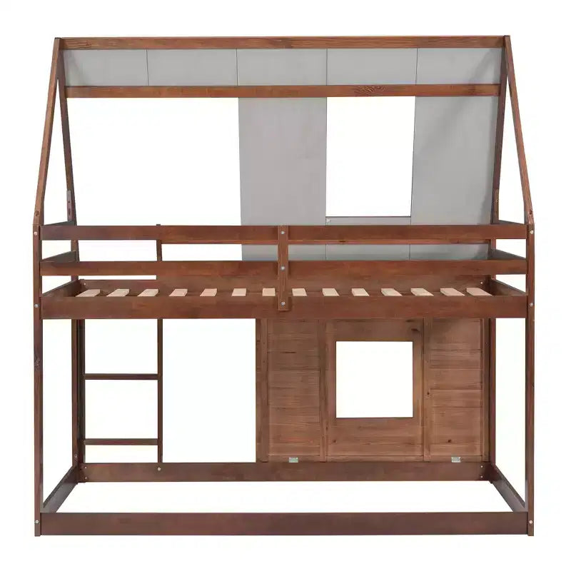 Letto a Castello in Legno "House" da Una Piazza e Mezza con Tetto, Scaletta e 2 Finestre, Quercia e Grigio Fumo - ModernLuxe