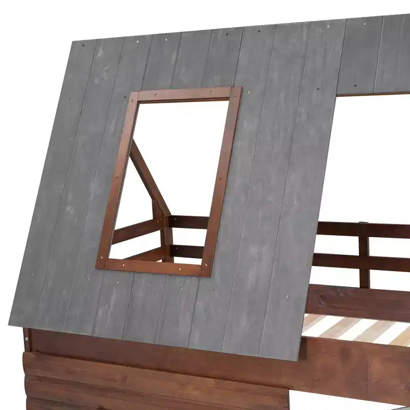Letto a Castello in Legno "House" da Una Piazza e Mezza con Tetto, Scaletta e 2 Finestre, Quercia e Grigio Fumo - ModernLuxe