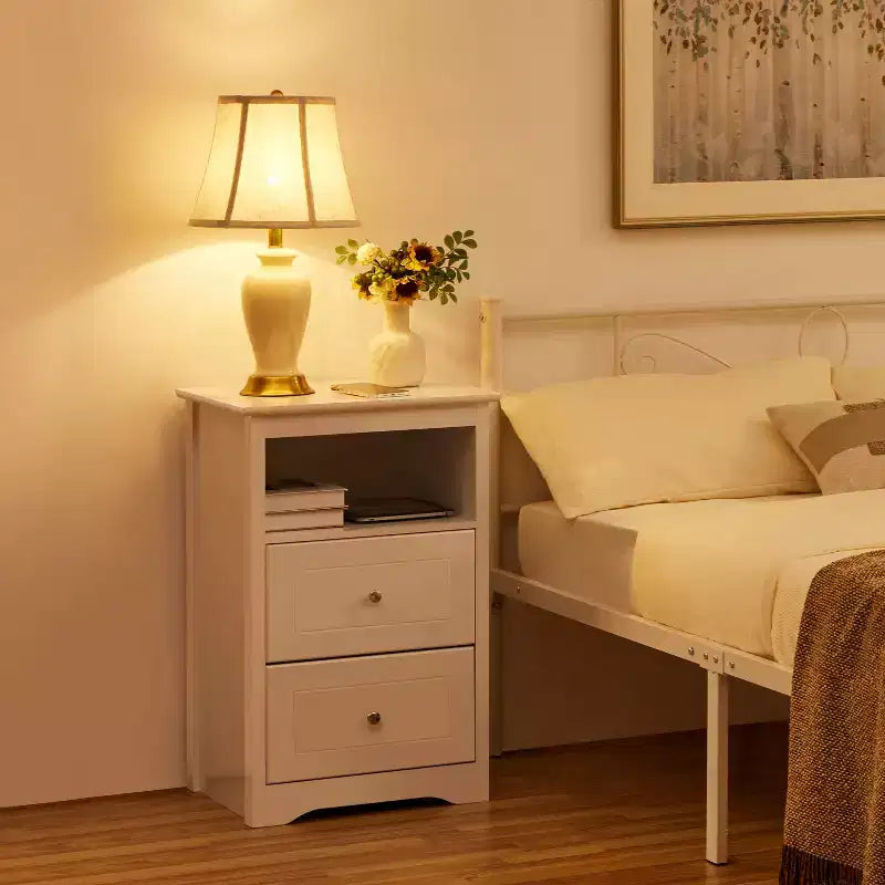 Yaheetech Tavolino laterale in legno con cassetti e ripiano aperto per camera da letto, soggiorno