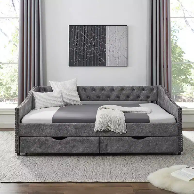Divano Letto da Giorno Twin/Full Size, Rivestito in Tessuto Trapuntato con Cassetti - ModernLuxe
