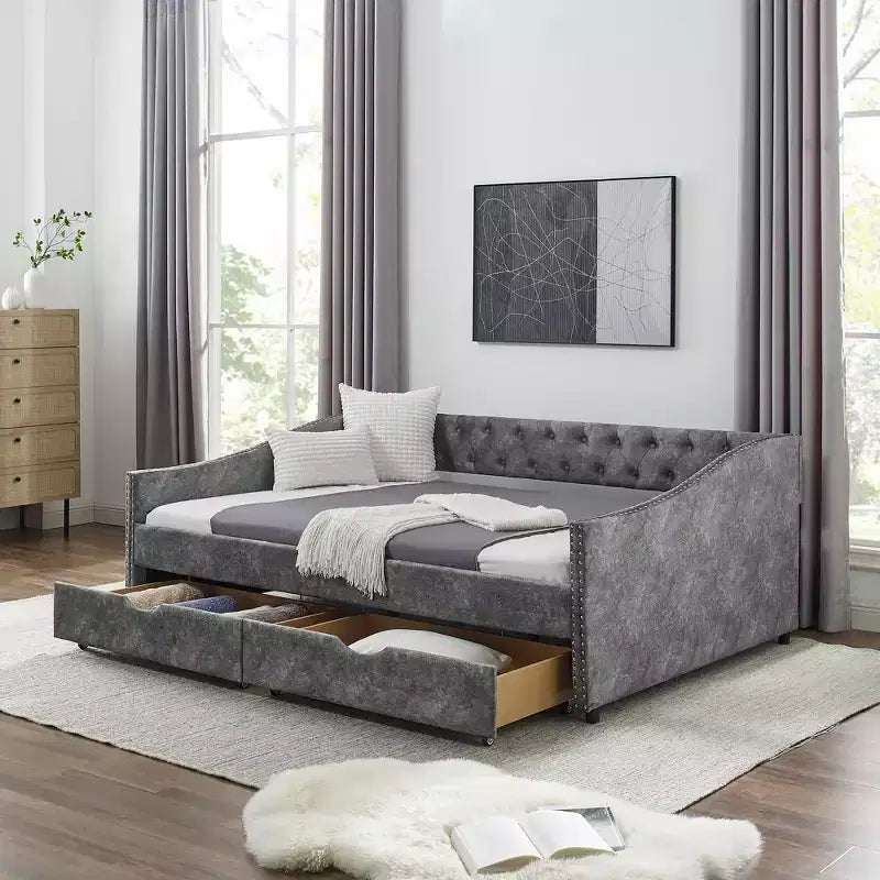 Divano Letto da Giorno Twin/Full Size, Rivestito in Tessuto Trapuntato con Cassetti - ModernLuxe