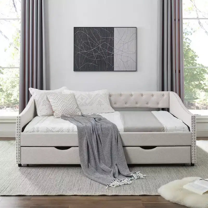 Divano Letto da Giorno Twin/Full Size, Rivestito in Tessuto Trapuntato con Cassetti - ModernLuxe