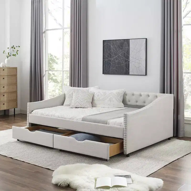 Divano Letto da Giorno Twin/Full Size, Rivestito in Tessuto Trapuntato con Cassetti - ModernLuxe