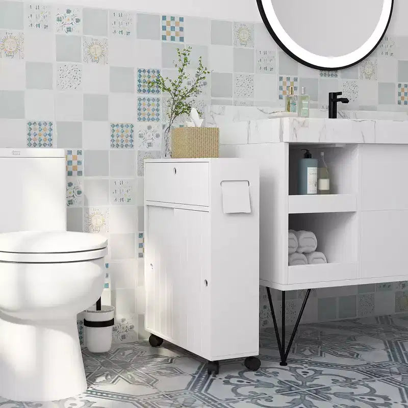 Mobiletto Salvaspazio per Bagno Piccolo su Ruote, Slim Porta Carta Igienica con 2 Fori, Ante Scorrevoli e Ripiano Regolabile, Bianco
