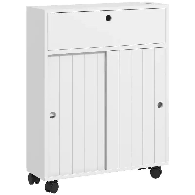 Mobiletto Salvaspazio per Bagno Piccolo su Ruote, Slim Porta Carta Igienica con 2 Fori, Ante Scorrevoli e Ripiano Regolabile, Bianco