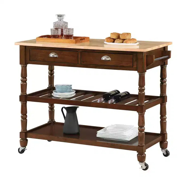 Carrello da Cucina a 3 Ripiani Stile Country Francese in Legno Massello con Cassetti -