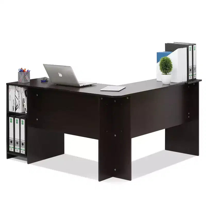 Scrivania angolare a L per computer, da studio o gaming, con scaffali aperti, Espresso