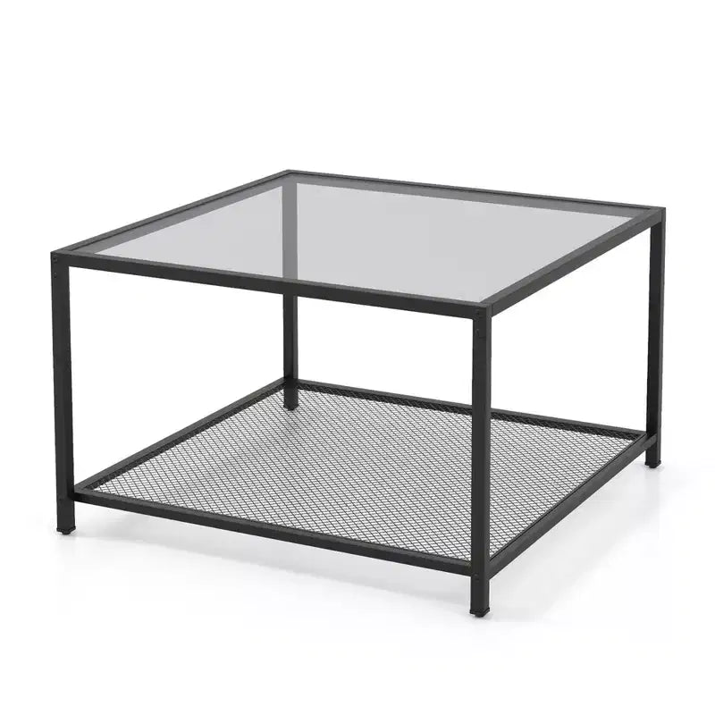 Tavolino da Caffè in Vetro 70 cm con 2 Ripiani Quadrato con Ripiano a Rete Soggiorno Grigio/Trasparente