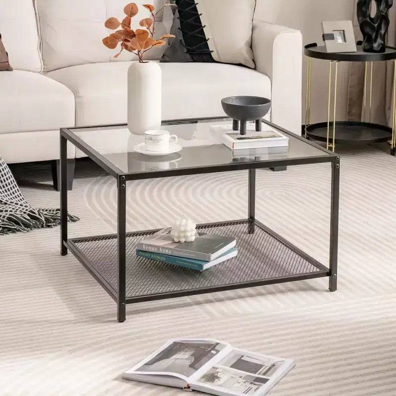 Tavolino da Caffè in Vetro 70 cm con 2 Ripiani Quadrato con Ripiano a Rete Soggiorno Grigio/Trasparente