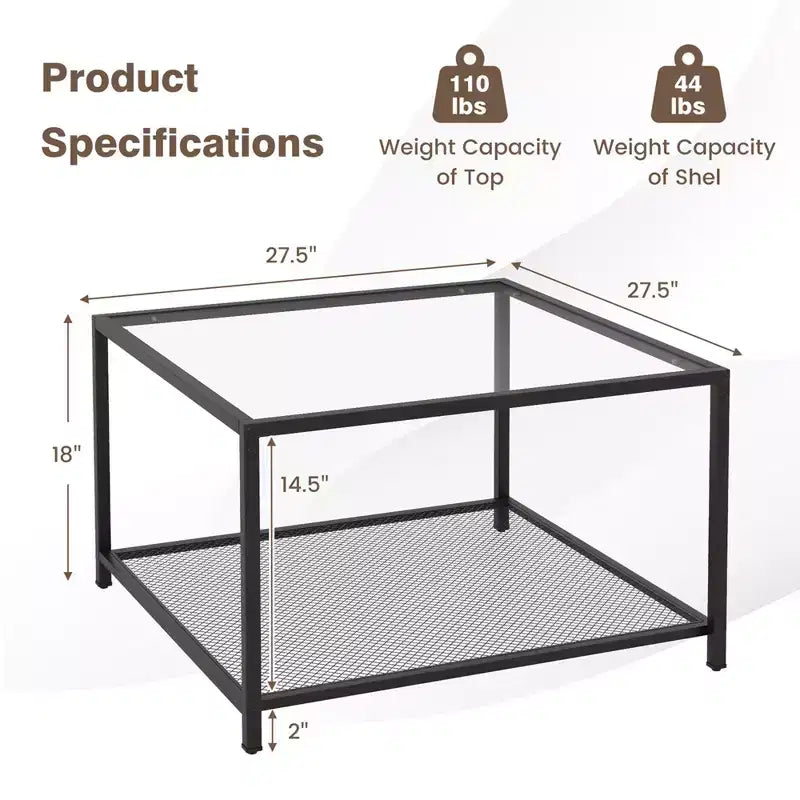 Tavolino da Caffè in Vetro 70 cm con 2 Ripiani Quadrato con Ripiano a Rete Soggiorno Grigio/Trasparente