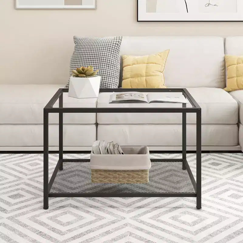 Tavolino da Caffè in Vetro 70 cm con 2 Ripiani Quadrato con Ripiano a Rete Soggiorno Grigio/Trasparente