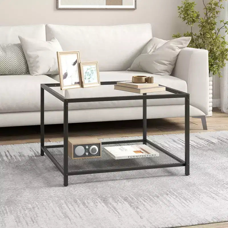 Tavolino da Caffè in Vetro 70 cm con 2 Ripiani Quadrato con Ripiano a Rete Soggiorno Grigio/Trasparente