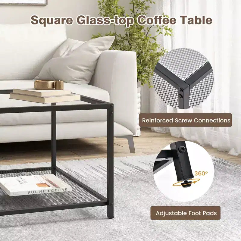 Tavolino da Caffè in Vetro 70 cm con 2 Ripiani Quadrato con Ripiano a Rete Soggiorno Grigio/Trasparente