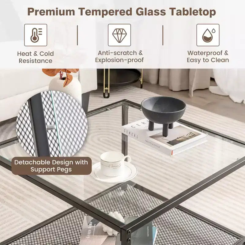 Tavolino da Caffè in Vetro 70 cm con 2 Ripiani Quadrato con Ripiano a Rete Soggiorno Grigio/Trasparente