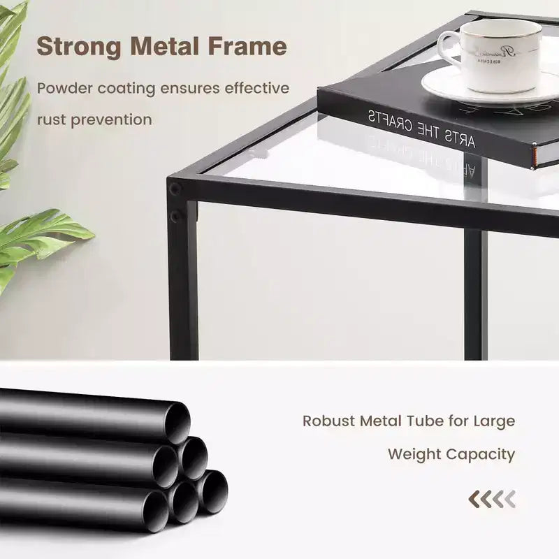 Tavolino da Caffè in Vetro 70 cm con 2 Ripiani Quadrato con Ripiano a Rete Soggiorno Grigio/Trasparente