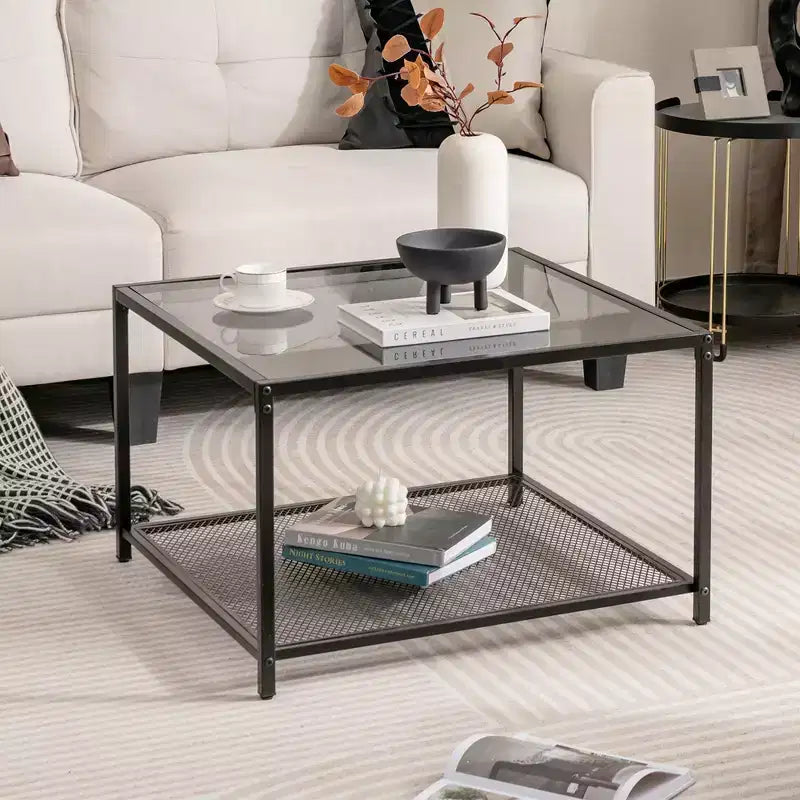 Tavolino da Caffè in Vetro 70 cm con 2 Ripiani Quadrato con Ripiano a Rete Soggiorno Grigio/Trasparente