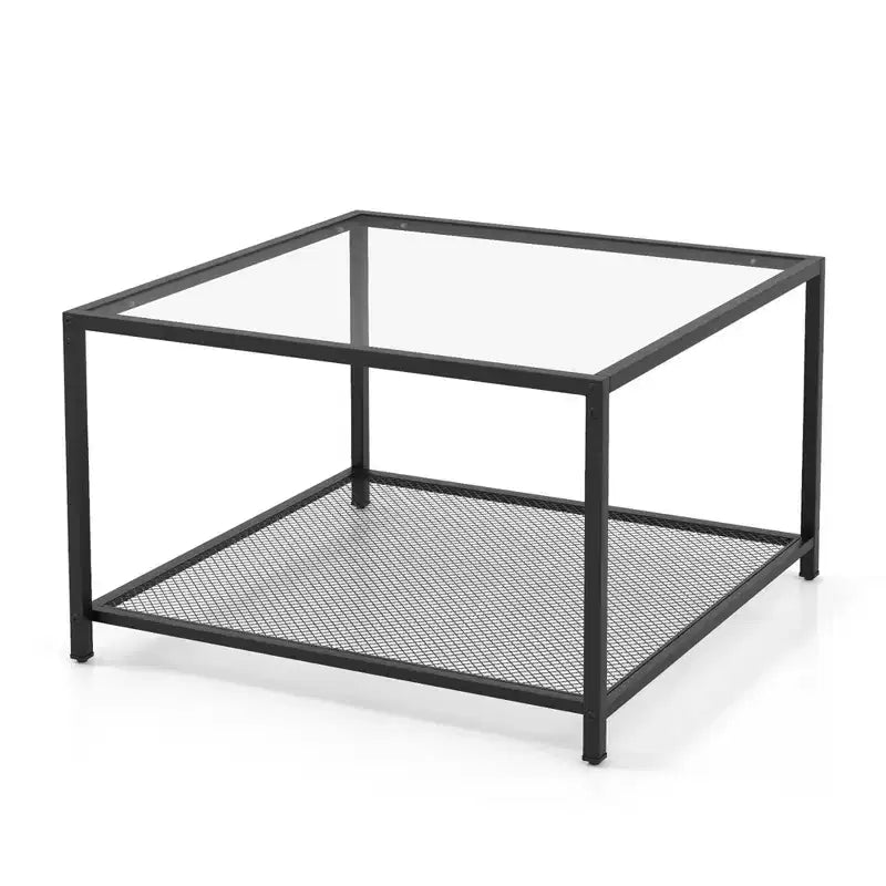 Tavolino da Caffè in Vetro 70 cm con 2 Ripiani Quadrato con Ripiano a Rete Soggiorno Grigio/Trasparente