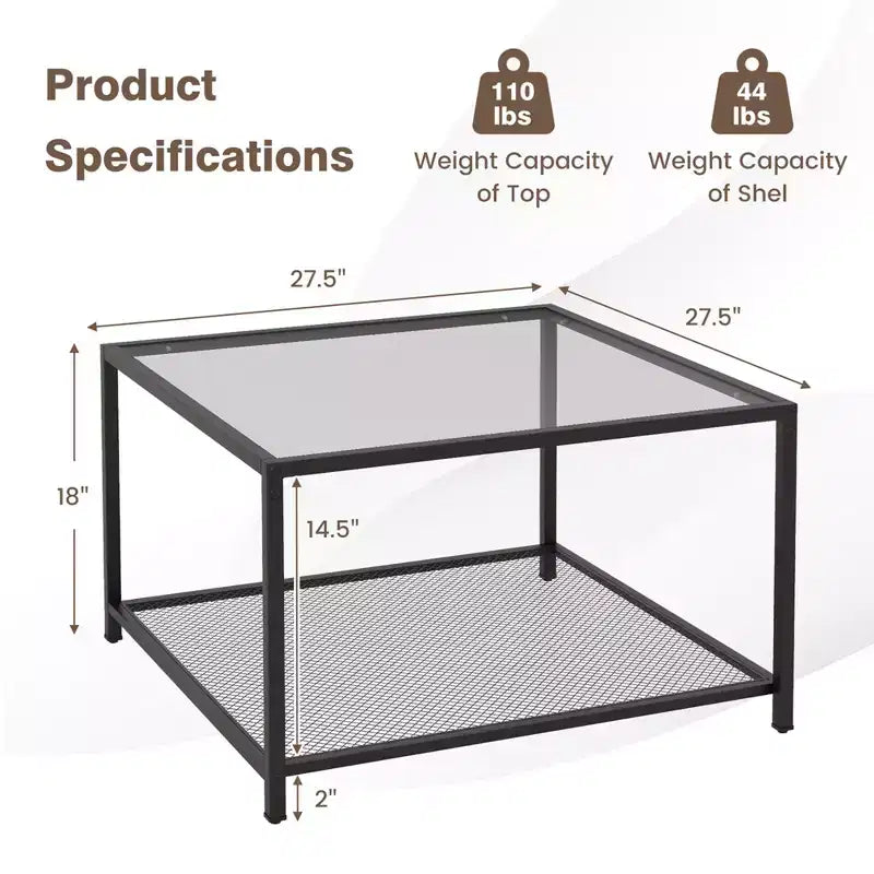 Tavolino da Caffè in Vetro 70 cm con 2 Ripiani Quadrato con Ripiano a Rete Soggiorno Grigio/Trasparente