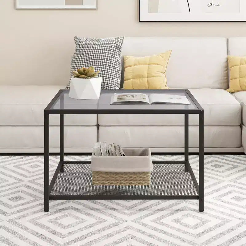 Tavolino da Caffè in Vetro 70 cm con 2 Ripiani Quadrato con Ripiano a Rete Soggiorno Grigio/Trasparente