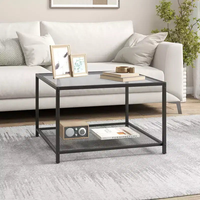 Tavolino da Caffè in Vetro 70 cm con 2 Ripiani Quadrato con Ripiano a Rete Soggiorno Grigio/Trasparente