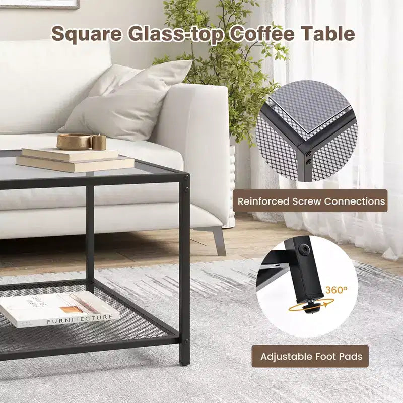 Tavolino da Caffè in Vetro 70 cm con 2 Ripiani Quadrato con Ripiano a Rete Soggiorno Grigio/Trasparente