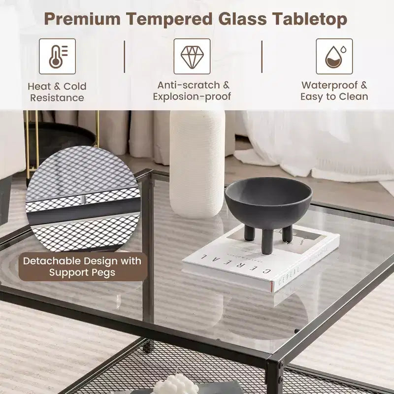 Tavolino da Caffè in Vetro 70 cm con 2 Ripiani Quadrato con Ripiano a Rete Soggiorno Grigio/Trasparente