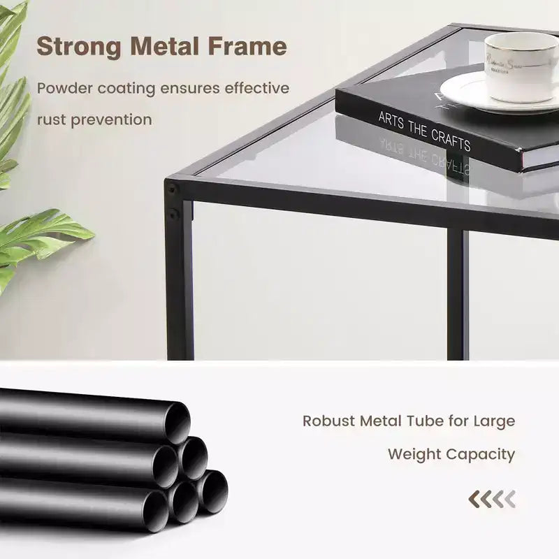 Tavolino da Caffè in Vetro 70 cm con 2 Ripiani Quadrato con Ripiano a Rete Soggiorno Grigio/Trasparente