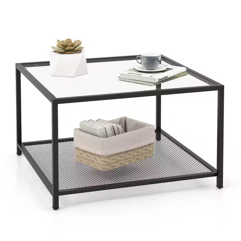 Tavolino da Caffè in Vetro 70 cm con 2 Ripiani Quadrato con Ripiano a Rete Soggiorno Grigio/Trasparente