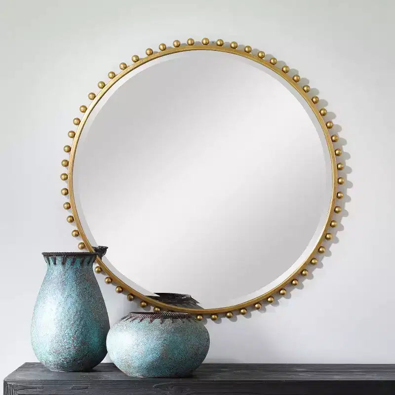 Specchio da parete decorativo rotondo per vanità, moderno, con cornice in ferro dorato bisellato, 81 cm di larghezza, per bagno, camera da letto, soggiorno, casa