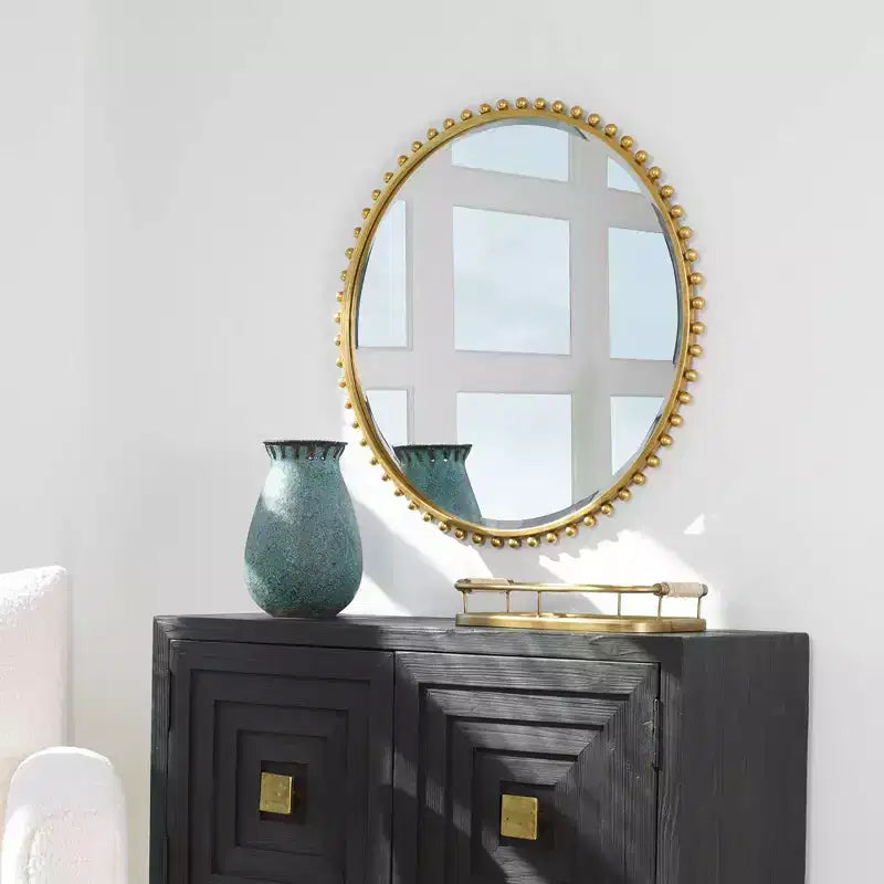 Specchio da parete decorativo rotondo per vanità, moderno, con cornice in ferro dorato bisellato, 81 cm di larghezza, per bagno, camera da letto, soggiorno, casa