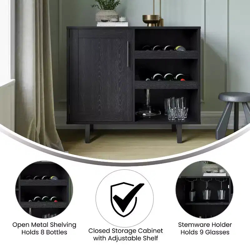 Mobile bar e credenza Elmont Classic con armadietto ad anta singola stile shaker con portabicchieri sospeso e ripiani aperti per bottiglie