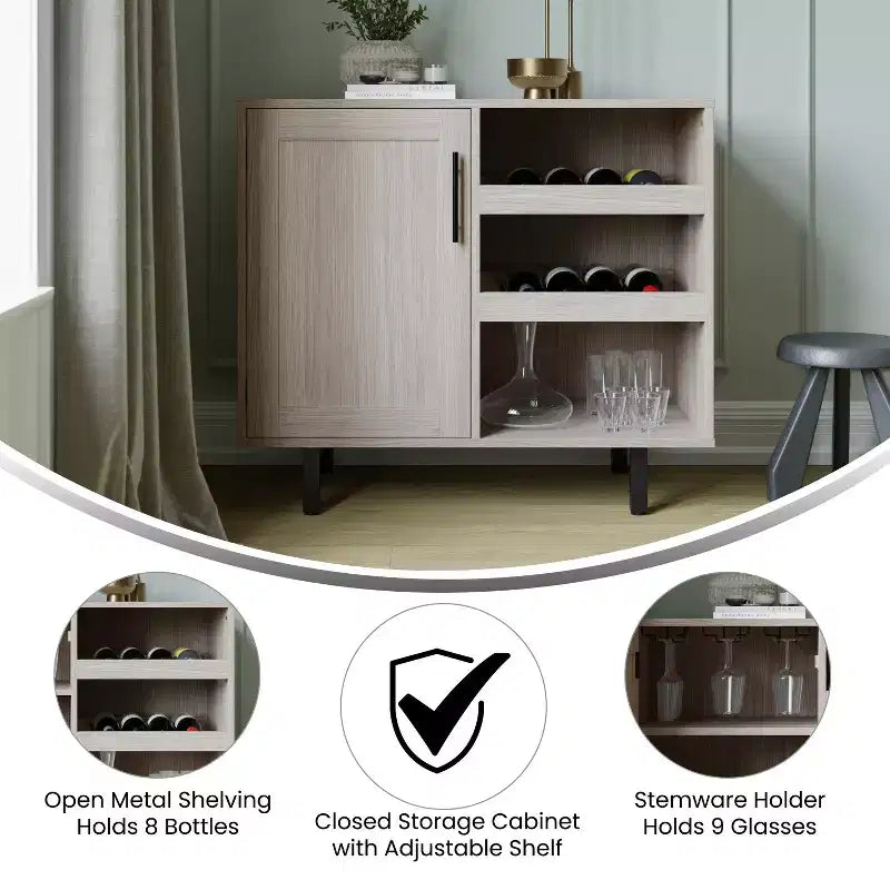 Mobile bar e credenza Elmont Classic con armadietto ad anta singola stile shaker con portabicchieri sospeso e ripiani aperti per bottiglie