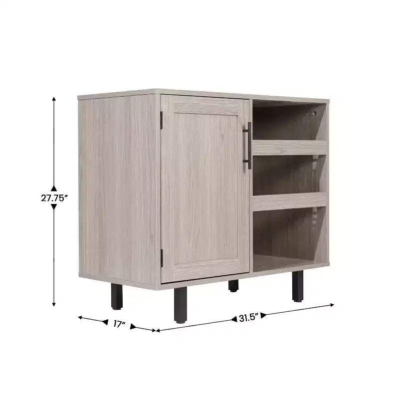 Mobile bar e credenza Elmont Classic con armadietto ad anta singola stile shaker con portabicchieri sospeso e ripiani aperti per bottiglie