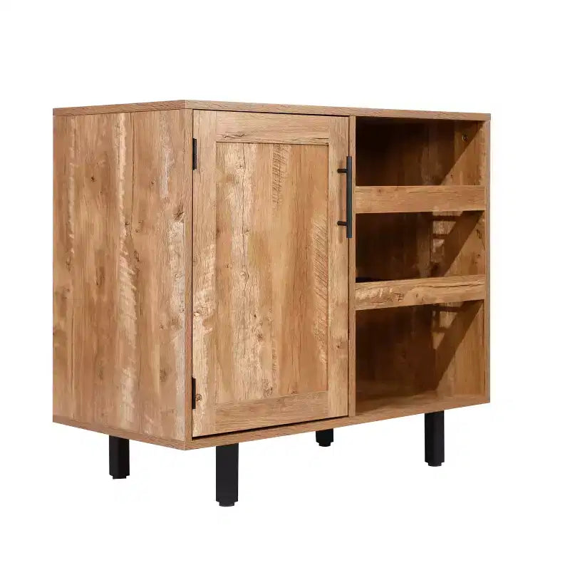 Mobile bar e credenza Elmont Classic con armadietto ad anta singola stile shaker con portabicchieri sospeso e ripiani aperti per bottiglie