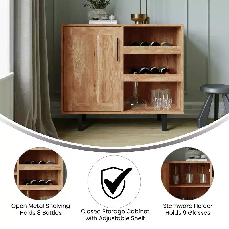 Mobile bar e credenza Elmont Classic con armadietto ad anta singola stile shaker con portabicchieri sospeso e ripiani aperti per bottiglie