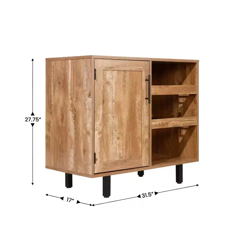 Mobile bar e credenza Elmont Classic con armadietto ad anta singola stile shaker con portabicchieri sospeso e ripiani aperti per bottiglie