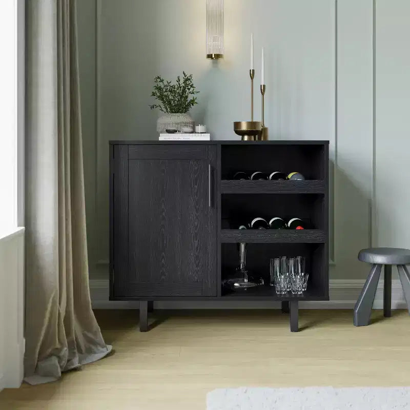 Flash Furniture Elmont Classic Bar and Sideboard with Shaker Style Single Door Cabinet with Hanging Glass Storage and Open Bottle Shelves